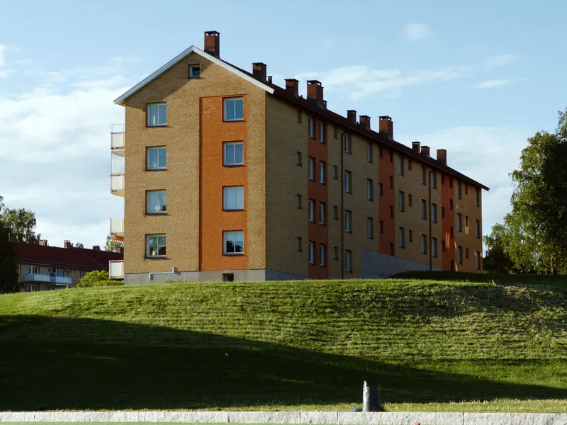 En boligblokk i gul og oransje mur på en gresskolle i Oslo en solrik dag